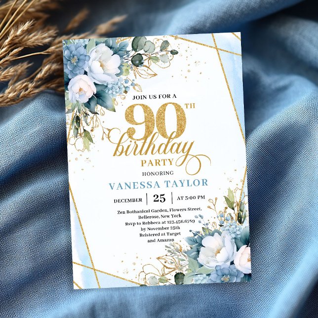 Convite de 90º aniversário em moldura dourada azul (Elegant dusty blue gold frame 90th birthday invitation)