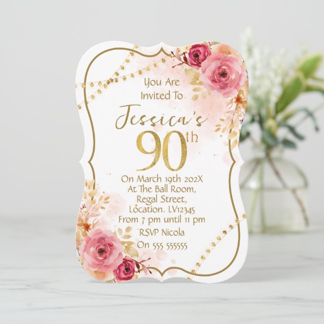 Convite de 90º Aniversário Floral (Em pé/Frente)