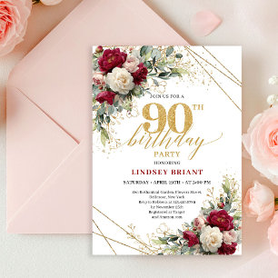 Convite de 90º Aniversário Floral Burgundy Elegant