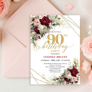 Convite de 90º Aniversário Floral Dourado com Rubo