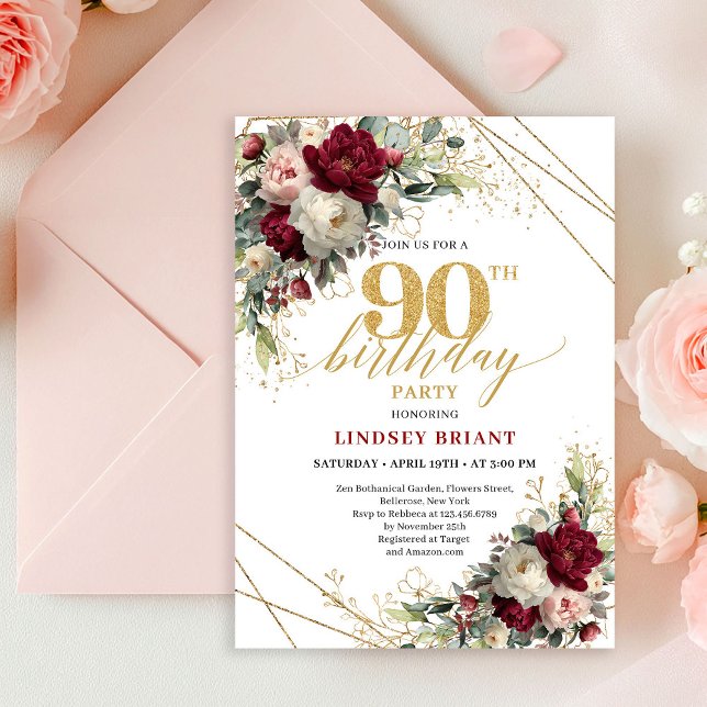 Convite de 90º Aniversário Floral Dourado com Rubo (Pretty Blush Gold Floral 90th Birthday Invitation Card

)