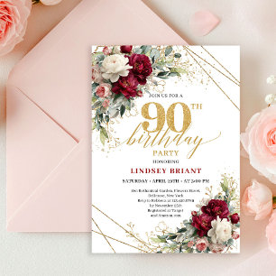 Convite de 90º Aniversário Floral Dourado Vermelho