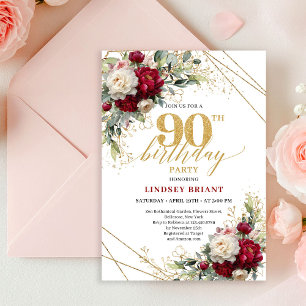 Convite de 90º Aniversário Floral Dourado Vermelho