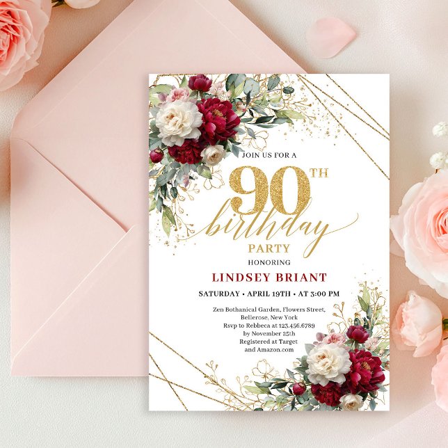 Convite de 90º Aniversário Floral Dourado Vermelho (Luxury Deep Red Floral Gold 90th Birthday Invitation)