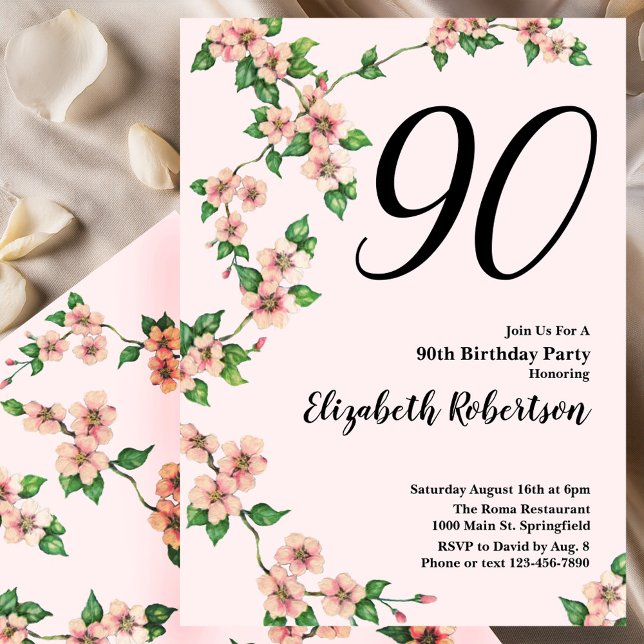 Convite de 90º Aniversário Floral em Rosa Bege (Criador carregado)