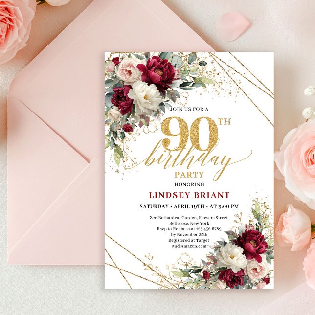 Convite de 90º Aniversário Floral Marrom Elegante  (Elegant Maroon Gold Floral 90th Birthday Invite Card

)