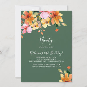 Convite de 90º Aniversário Floral Pintado Elegante