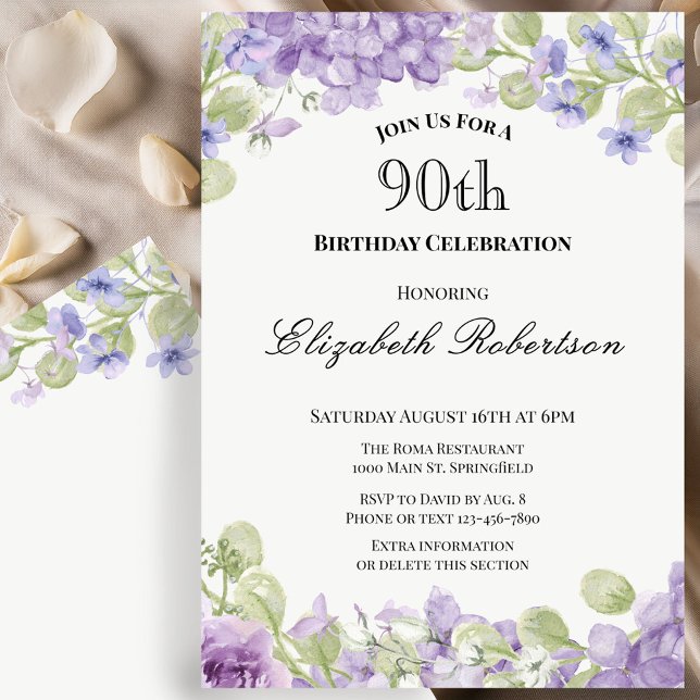 Convite de 90º Aniversário Floral Roxo Elegante (Criador carregado)