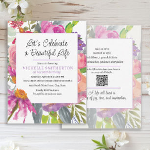 Convite de 90º Aniversário Floral Roxo Rosa com Có