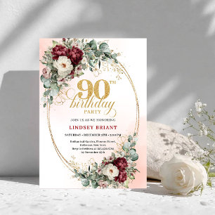 Convite de 90º Aniversário Floral Vermelho Fundo D