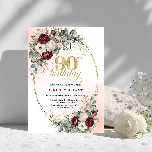 Convite de 90º Aniversário Floral Vermelho Profund (Romantic Deep Red Floral Gold 90th Birthday Invitation)