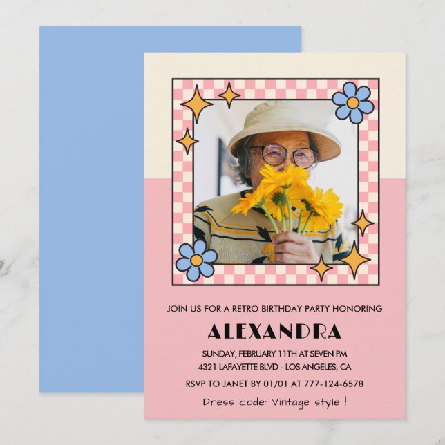 convite de 90º aniversário Flores Cor-de-Rosa Retr (Frente/Verso)