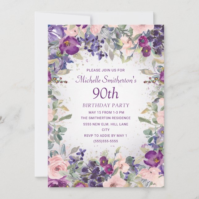 Convite de 90º Aniversário Folhagem Floral Rosa Be (Frente)