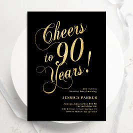 Convite de 90º Aniversário Preto Dourado Elegante