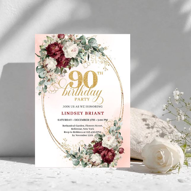 Convite de 90º Aniversário Refined Burgundy Floral (Refined Burgundy Floral Gold Frame 90th Birthday Invite)