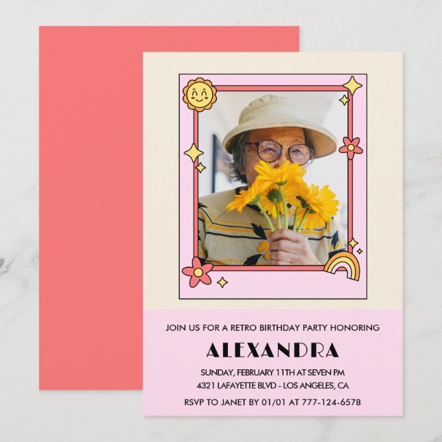 convite de 90º aniversário Retro Groovy Floral Ros (Frente/Verso)