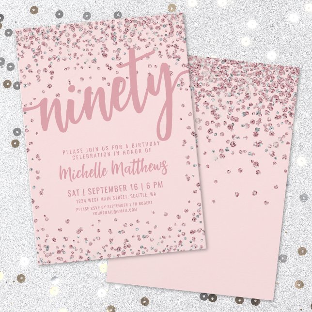 Convite de 90º Aniversário Rosa Corado (Blush Pink 90th Birthday Invitation )