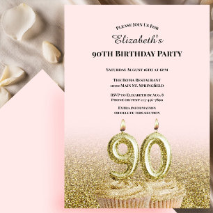 Convite de 90º Aniversário Rosa e Dourado Para Ela