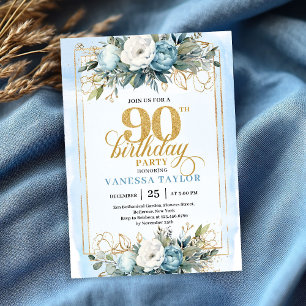 Convite de 90 anos com detalhes em ouro azul pálid
