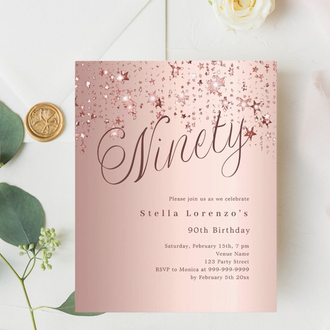 convite de 90 de aniversário de rosa gold stars or (Criador carregado)