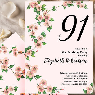 Convite de 91º Aniversário Floral em Rosa Bege
