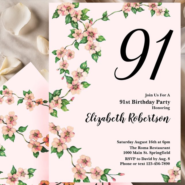 Convite de 91º Aniversário Floral em Rosa Bege (Criador carregado)