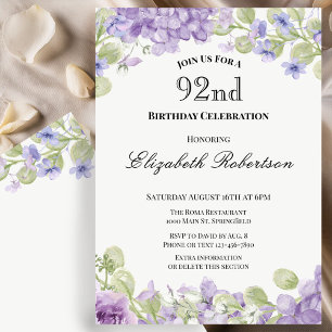 Convite de 92º Aniversário Floral Roxo Elegante