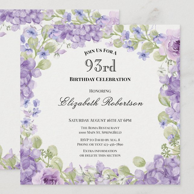 Convite de 93º Aniversário Elegante Floral Roxa (Criador carregado)