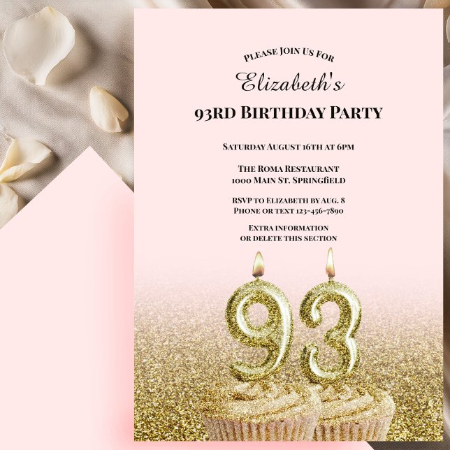 Convite de 93º Aniversário Rosa e Dourado Para Ela (Criador carregado)