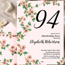 Convite de 94º Aniversário Floral em Rosa Bege