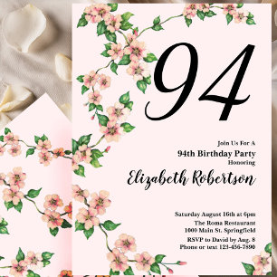 Convite de 94º Aniversário Floral em Rosa Bege