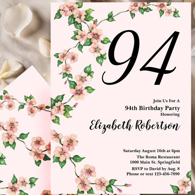 Convite de 94º Aniversário Floral em Rosa Bege (Criador carregado)