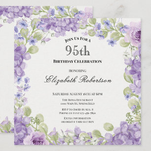 Convite de 95º Aniversário Floral Roxo Elegante