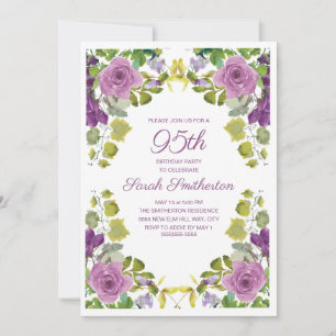 Convite de 95º Aniversário Floral Roxo Elegante co
