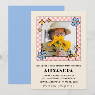 convite de 95º aniversário Retro Groovy Floral Azu