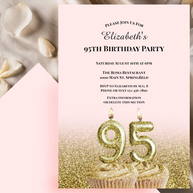 Convite de 95º Aniversário Rosa e Dourado Para Ela (Criador carregado)