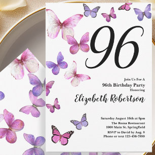 Convite de 96º Aniversário Borboleta em Rosa Roxo