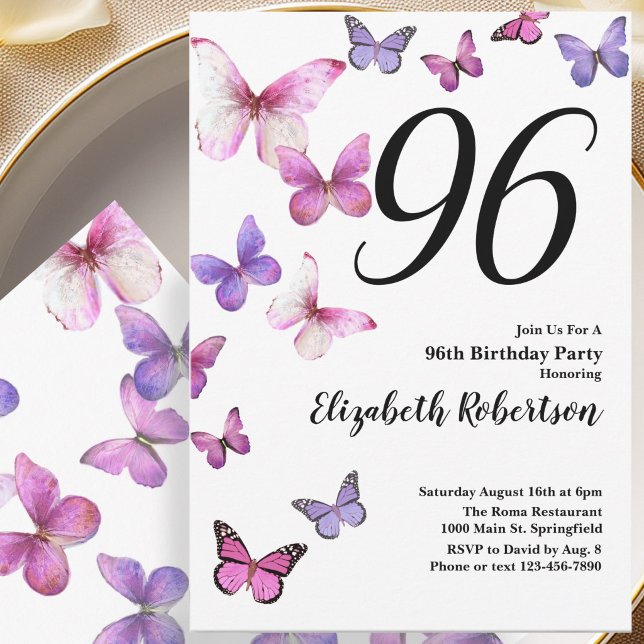 Convite de 96º Aniversário Borboleta em Rosa Roxo (Criador carregado)