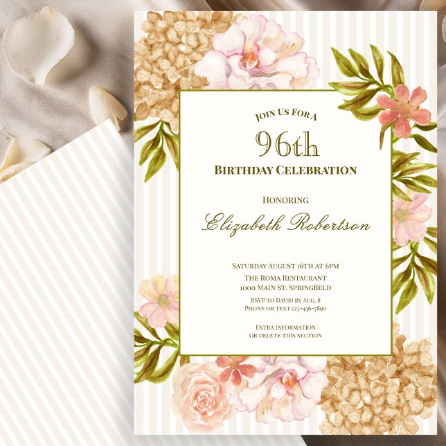 Convite de 96º Aniversário Elegantes Flores de Out (Criador carregado)