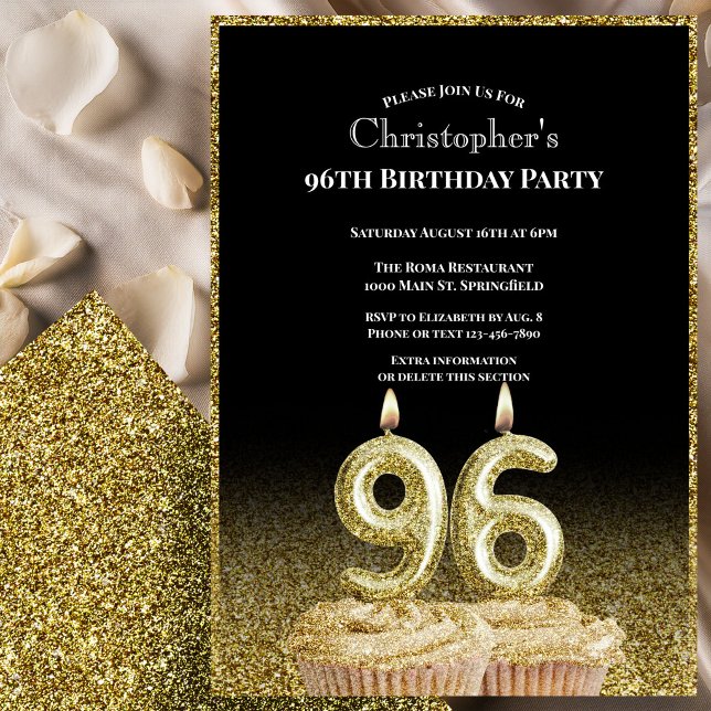 Convite de 96º Aniversário Preto e Dourado Para El (Criador carregado)