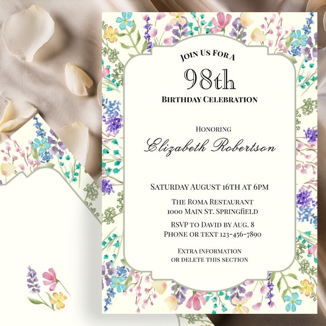 Convite de 98º Aniversário Floral Colorido (Criador carregado)