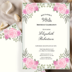 Convite de 98º Aniversário Floral Rosa e Verde Sag
