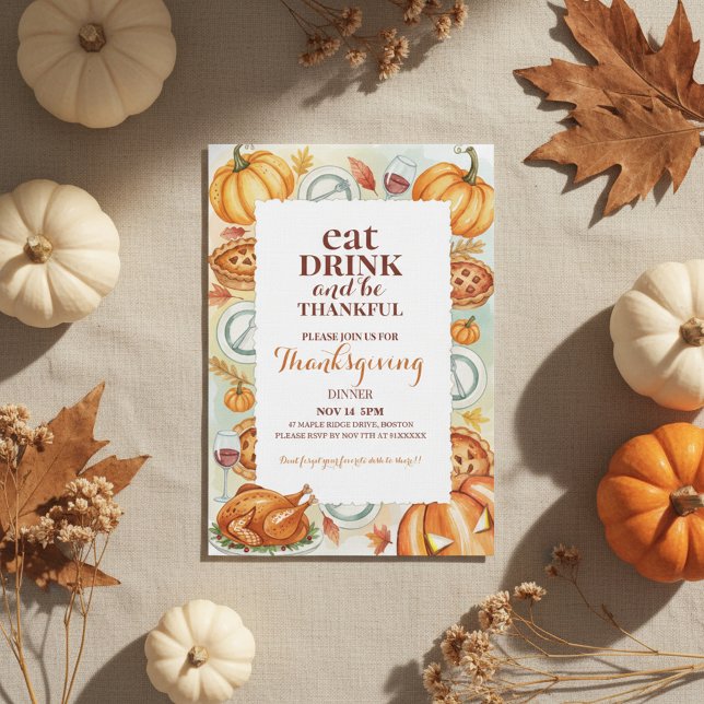 Convite de Ação de Graças com Aquarela (Fine Dining Thanksgiving)