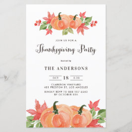 Convite de Ação de Graças de Abóboras em Aquarela