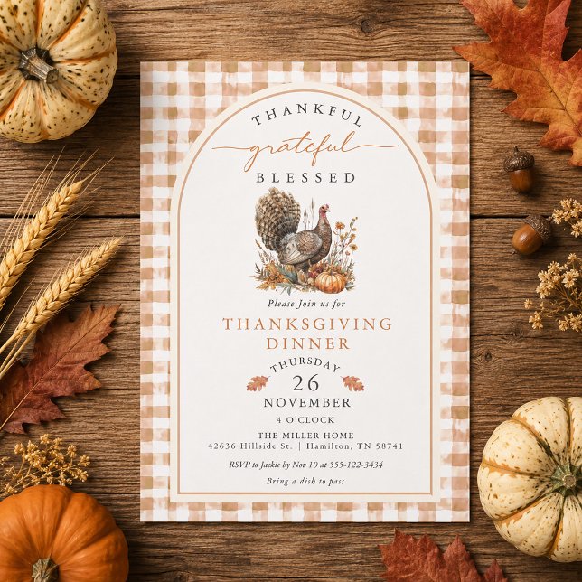 Convite de Ação de Graças Gingham Peru em Aquarela (Autumn Watercolor Turkey Gingham Thanksgiving Invitation)