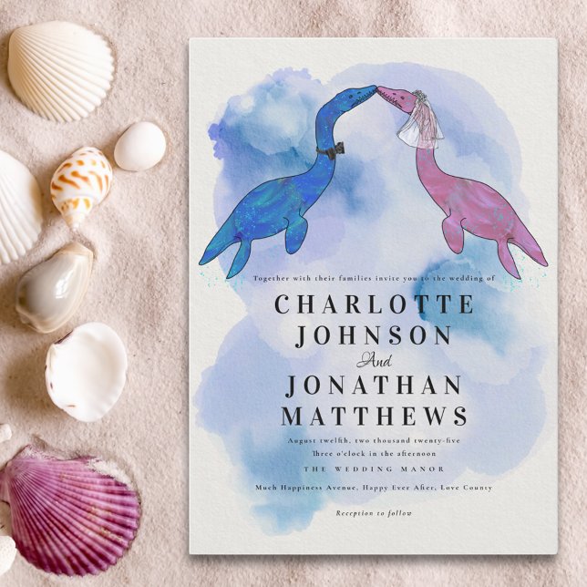 Convite de Água Marinha com Tema de Dinossauros pa (Dinosaur theme wedding watercolor blue purple sea invitation)
