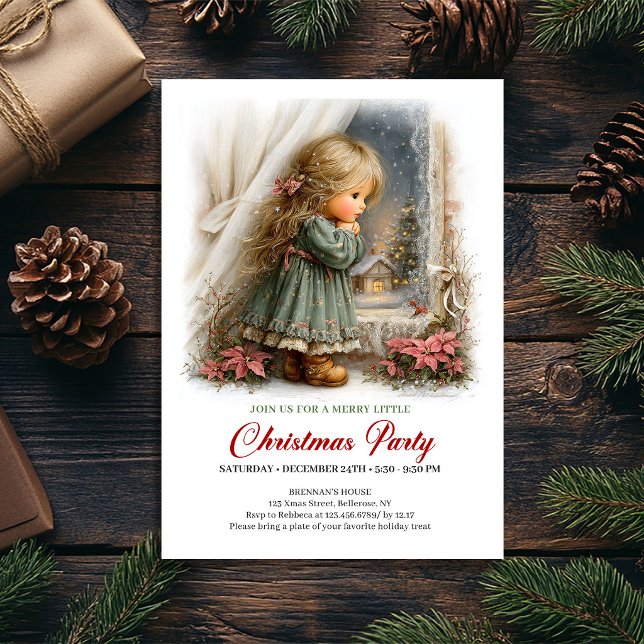 Convite de Alegria de Natal Cena de Natal Menina F (Christmas Joy Invitation Cute Girl Christmas Scene)
