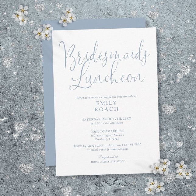 Convite de Almoço de Damas de Honra em Azul Empoei (Dusty Blue Elegant Script Bridesmaids Luncheon Invitation)