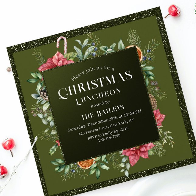 Convite de Almoço de Natal Poinsettia Verde com Br (Criador carregado)