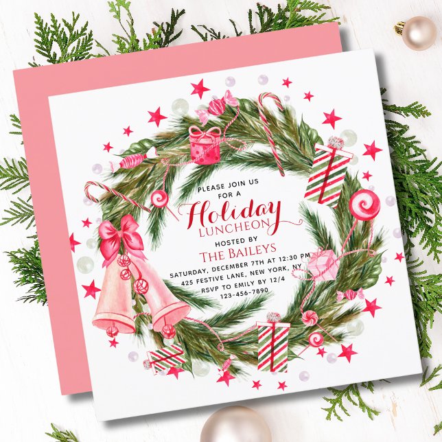 Convite de Almoço de Natal Rosa Verde Coroa de Sem (Criador carregado)
